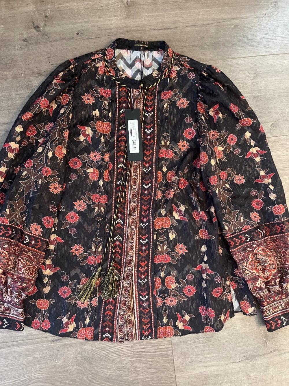 NWT Indah Los Angeles Premium $498 Boho Tassel Blouse Black Red Size XS